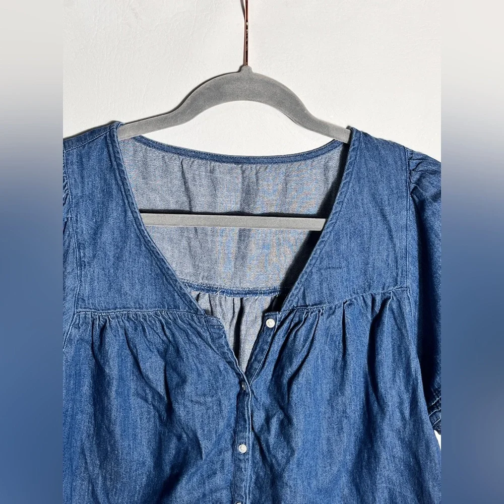 Old Navy Puff Sleeve Oversized Lace-Trimmed Denim Chambray Swing Blouse Small